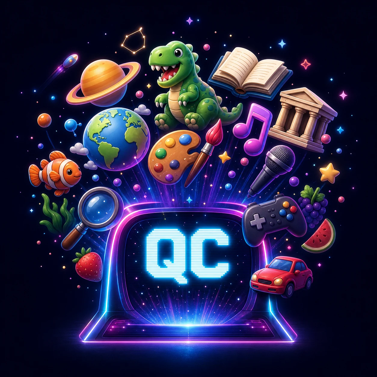 A colorful universe of quiz topics emerging from a neon QC arcade portal
